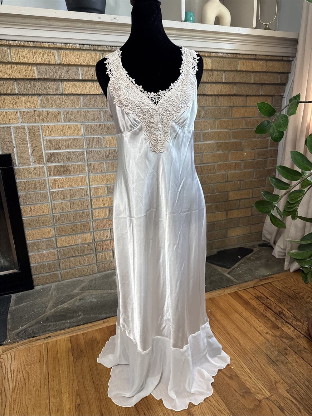 Linea Donatella White Satin Maxi Slip Dress Gown M Lace Coquette Bridal Ethereal